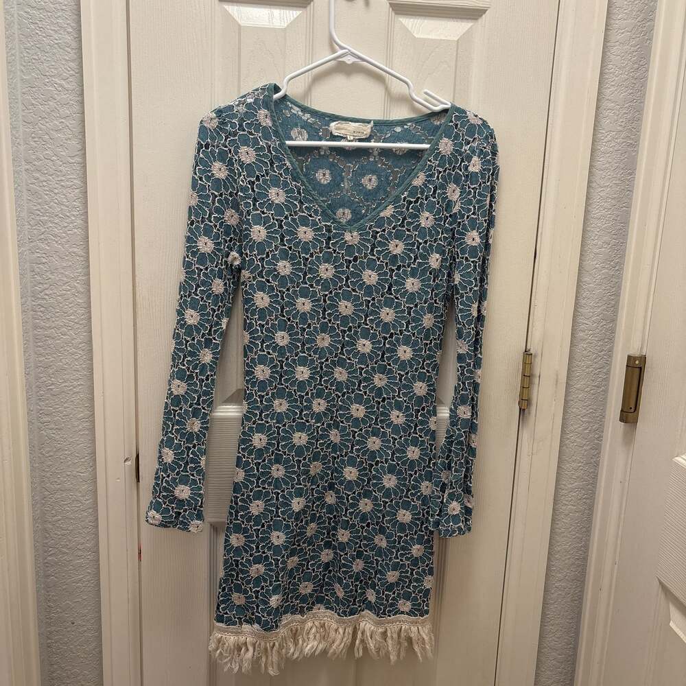 A‎ 'Reve Teal Floral Crochet Long Sleeve Mini Dress with Fringe Hem - Size L